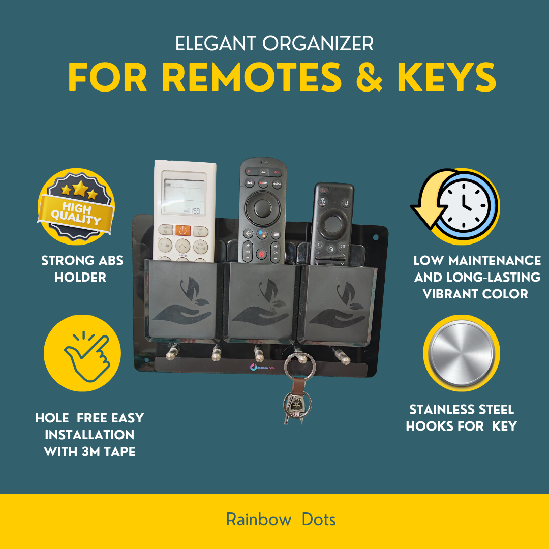 Rainbow Dots Royal Black Remote & Key Organizer Wall Mount | 3 Remote Holders + 5 Key Hooks | High-Gloss Acrylic Panel | Made in India | No-Drill Installation (Tape & Screws Included)