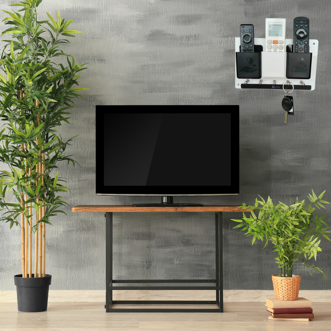 Rainbow Dots Remote & Key Organizer Wall Mount ā 3 Remote Holders for TV, DTH & AC | 5 Key Hooks | Dual Color ABS on Acrylic Base | 3M Tape + Screws | Made in India
