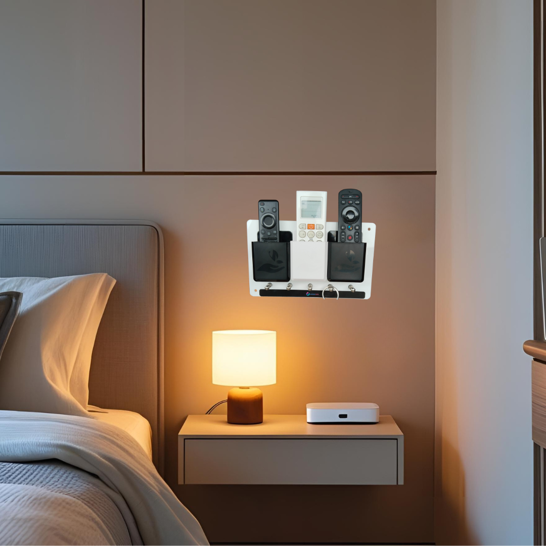 Rainbow Dots Remote & Key Organizer Wall Mount ā 3 Remote Holders for TV, DTH & AC | 5 Key Hooks | Dual Color ABS on Acrylic Base | 3M Tape + Screws | Made in India