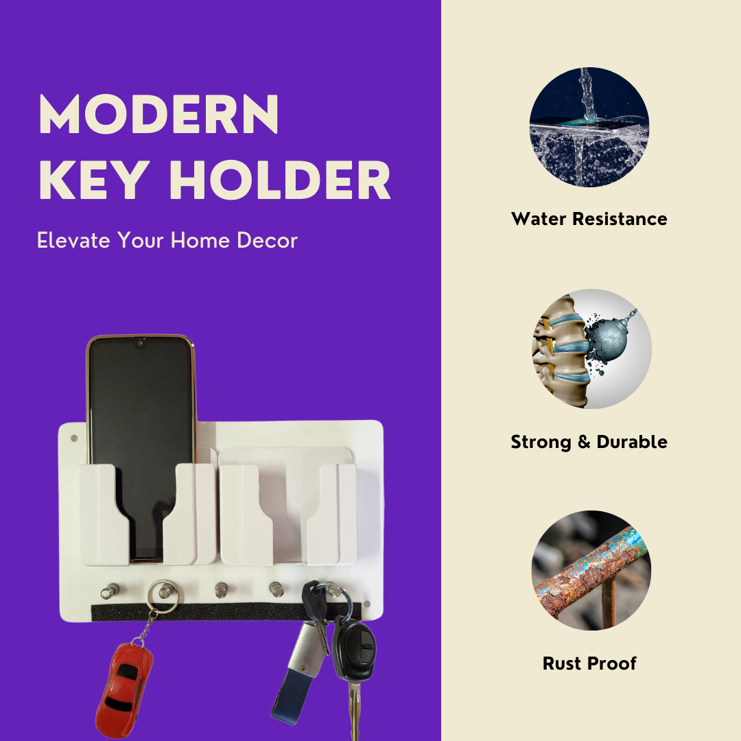 Made in India Wall Mounted Mobile Charging Holder & Key Organizer | Dual ABS Holders, 5 Stainless Steel Hooks, Acrylic Base | 3M Tape & Screws for Easy Installation