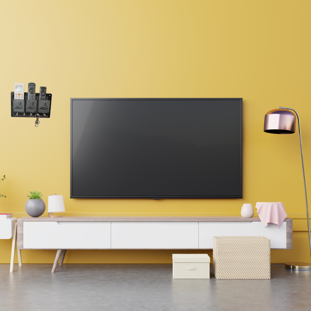 Rainbow Dots Royal Black Remote & Key Organizer Wall Mount | 3 Remote Holders + 5 Key Hooks | High-Gloss Acrylic Panel | Made in India | No-Drill Installation (Tape & Screws Included)