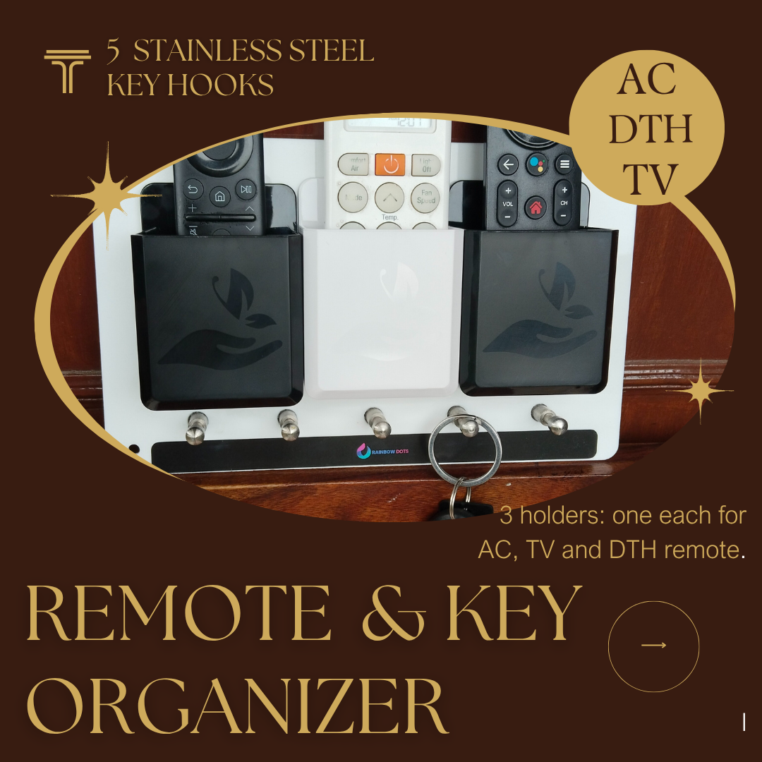 Rainbow Dots Remote & Key Organizer Wall Mount – 3 Remote Holders for TV, DTH & AC | 5 Key Hooks | Dual Color ABS on Acrylic Base | 3M Tape + Screws | Made in India
