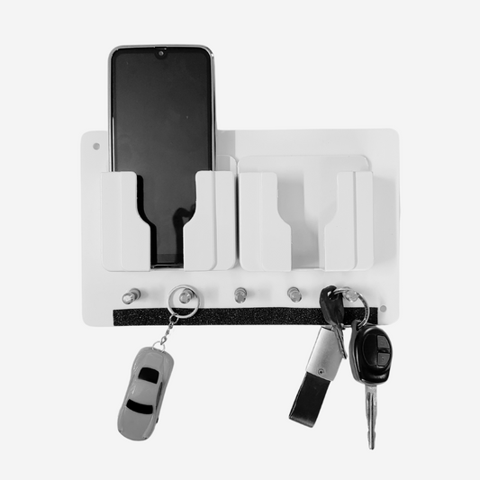 Made in India Wall Mounted Mobile Charging Holder & Key Organizer | Dual ABS Holders, 5 Stainless Steel Hooks, Acrylic Base | 3M Tape & Screws for Easy Installation