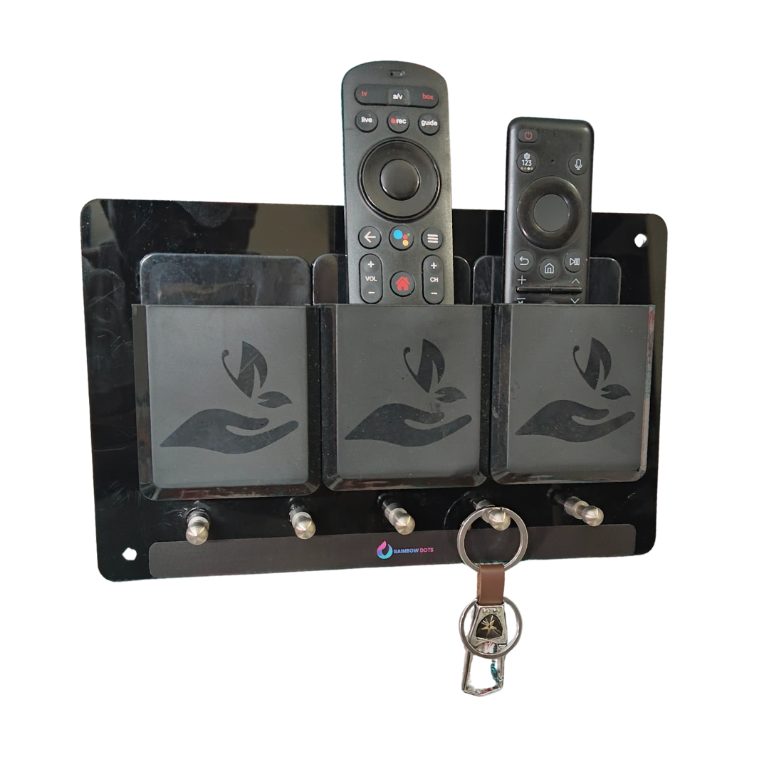 Rainbow Dots Royal Black Remote & Key Organizer Wall Mount | 3 Remote Holders + 5 Key Hooks | High-Gloss Acrylic Panel | Made in India | No-Drill Installation (Tape & Screws Included)