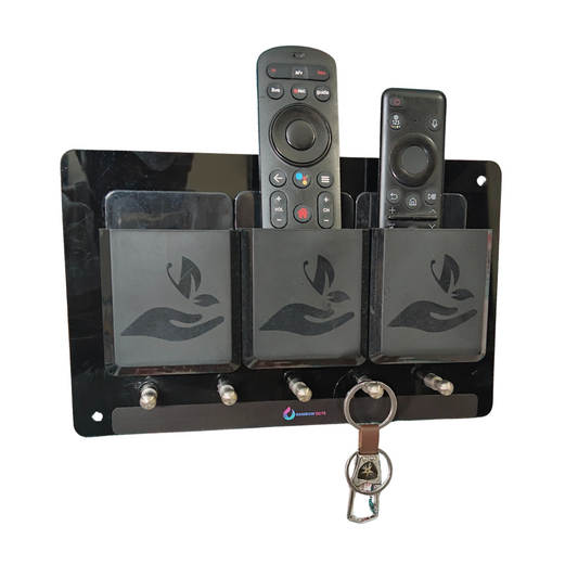 Rainbow Dots Royal Black Remote & Key Organizer Wall Mount | 3 Remote Holders + 5 Key Hooks | High-Gloss Acrylic Panel | Made in India | No-Drill Installation (Tape & Screws Included)