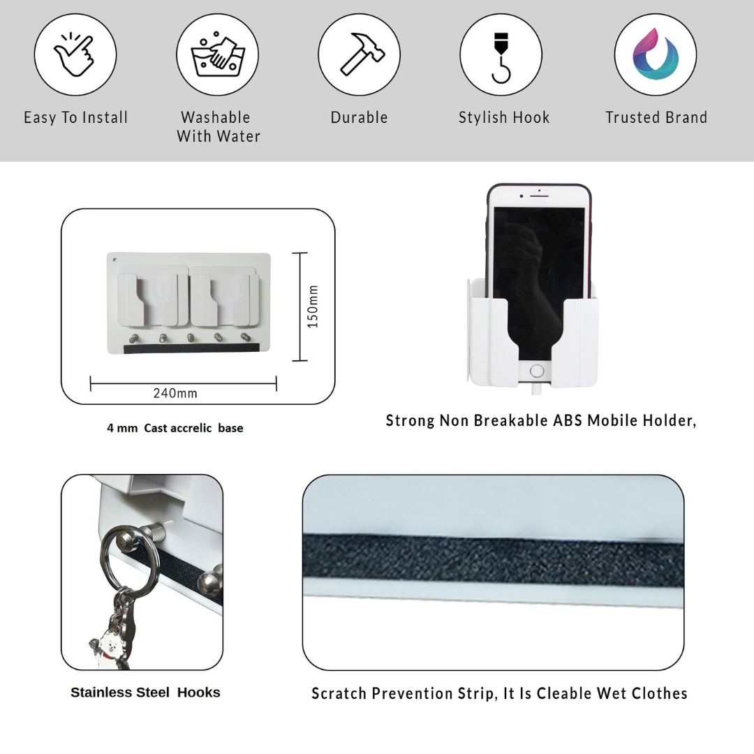 Made in India Wall Mounted Mobile Charging Holder & Key Organizer | Dual ABS Holders, 5 Stainless Steel Hooks, Acrylic Base | 3M Tape & Screws for Easy Installation