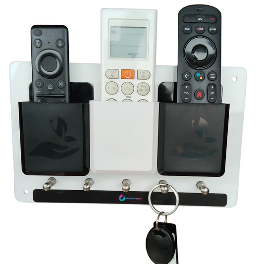Rainbow Dots Remote & Key Organizer Wall Mount – 3 Remote Holders for TV, DTH & AC | 5 Key Hooks | Dual Color ABS on Acrylic Base | 3M Tape + Screws | Made in India